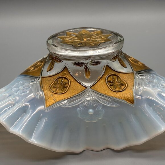 Antique Goofus Glass Bowl Opalescent Ruffled Edge Hand Painted Red Gold Floral - Picture 8 of 8